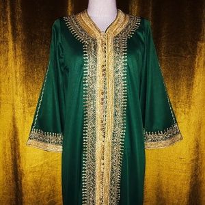 Vintage Emerald Green Gold Embroidered Kaftan Gown